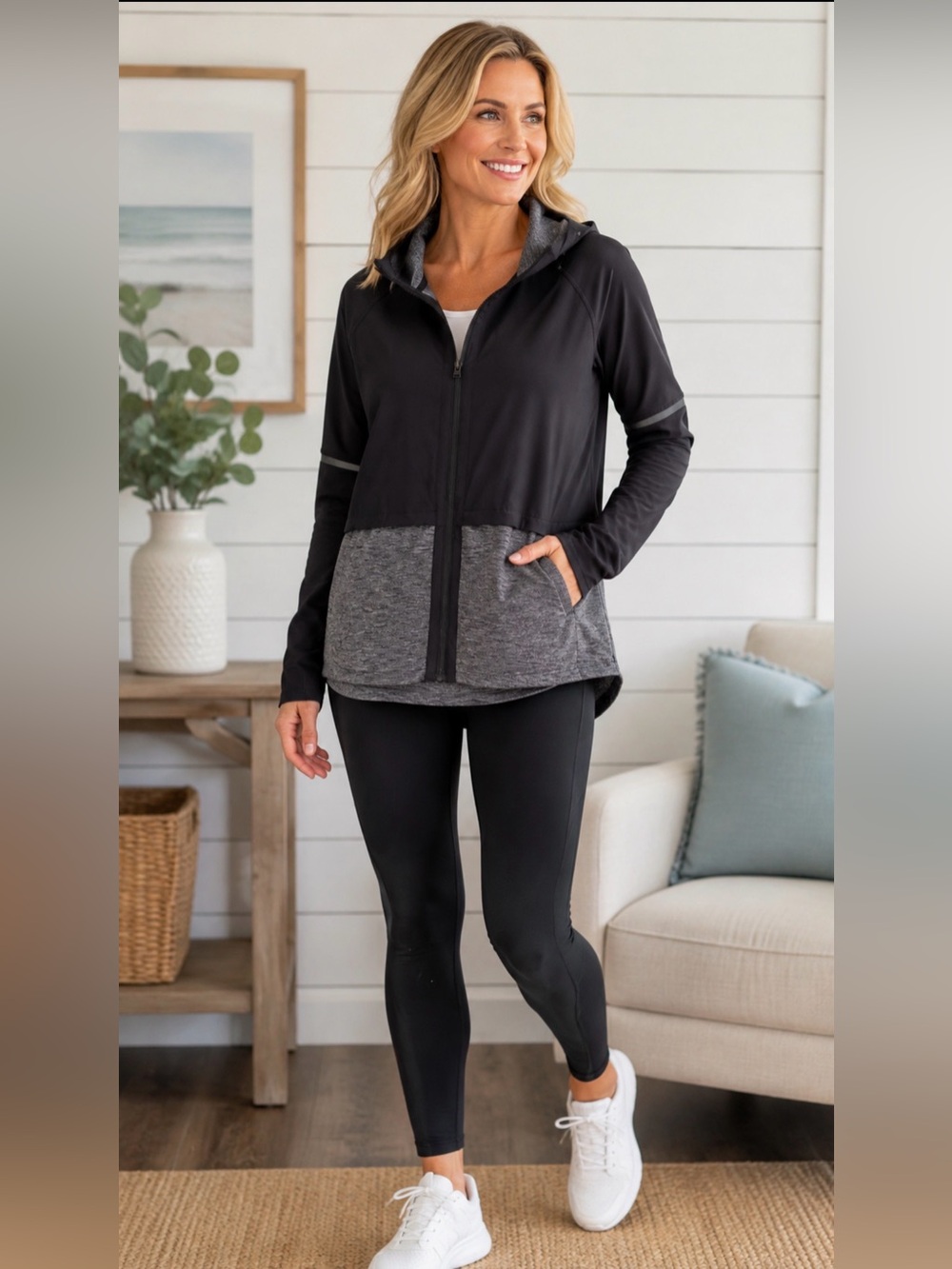 ATHLETA QUICK STEP REFLECTIVE JACKET WITH HOOD BLACK GREY RUNNING HIKING LARGE